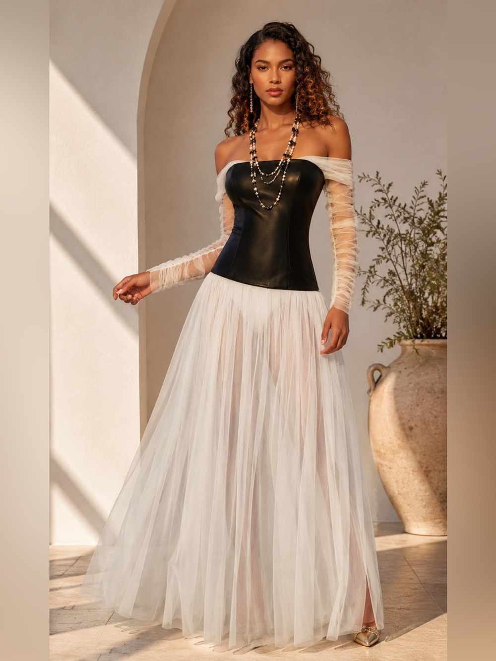 Mew Mews Black Faux Leather Corset Tulle Maxi Dress Gothic Romantic Formal Gown